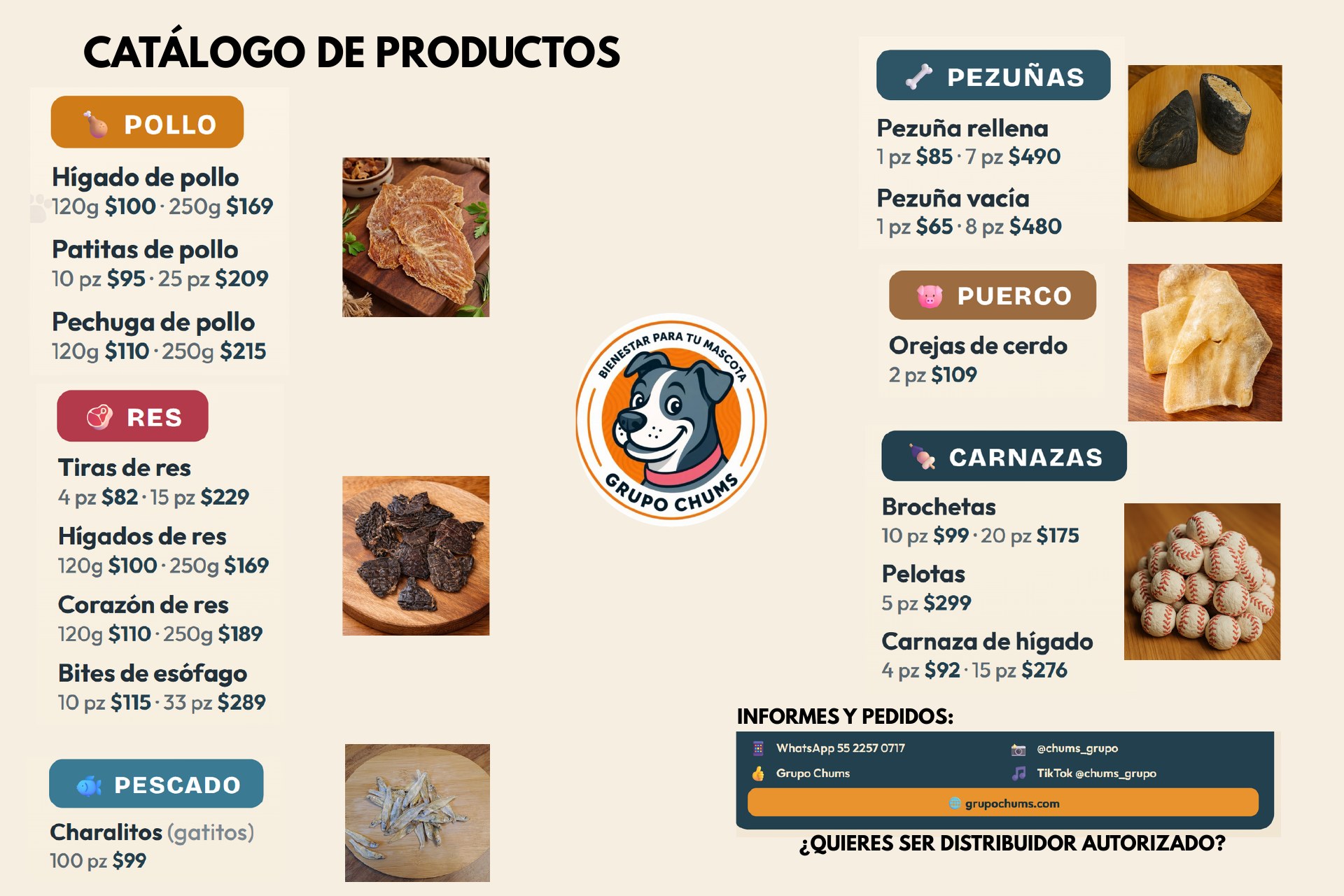 Catálogo de productos Grupo Chums con precios: pollo, res, pescado, pezuñas, puerco y carnazas